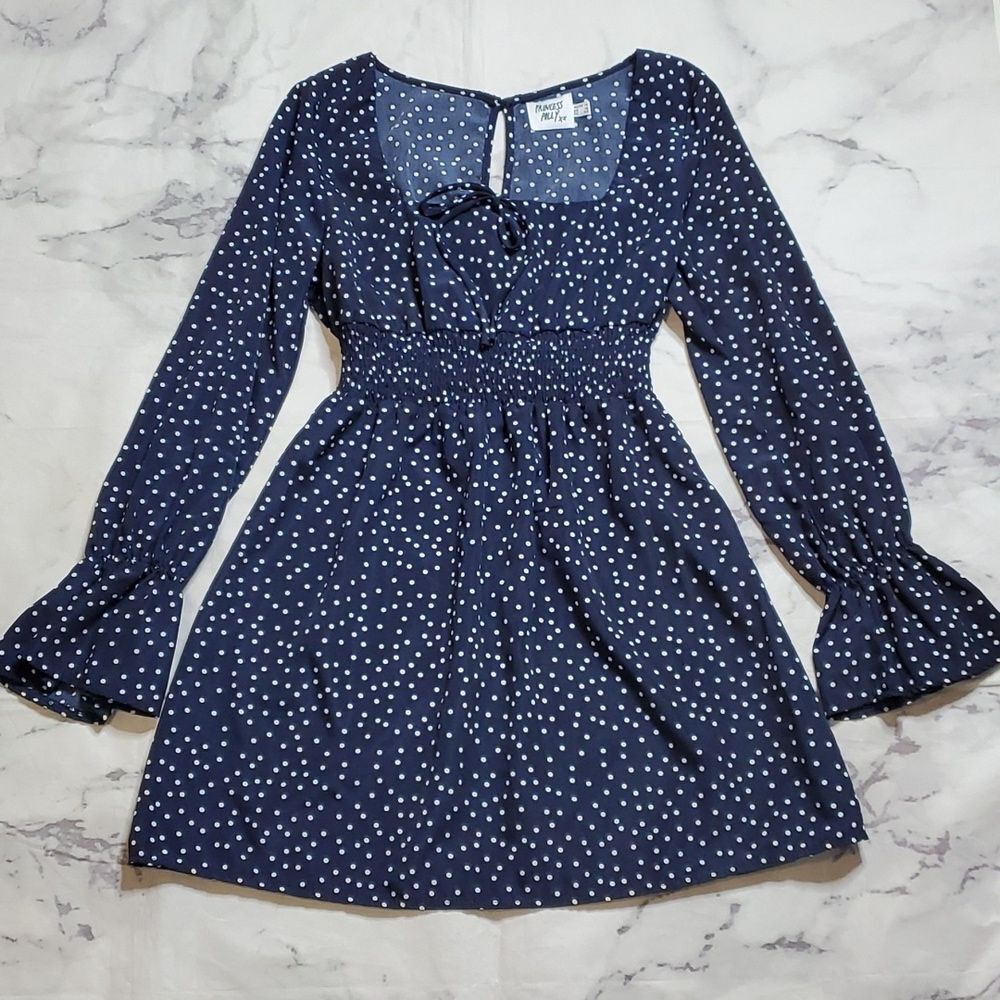 Princess Polly Navy Polka Dot Smocked Mini Dress